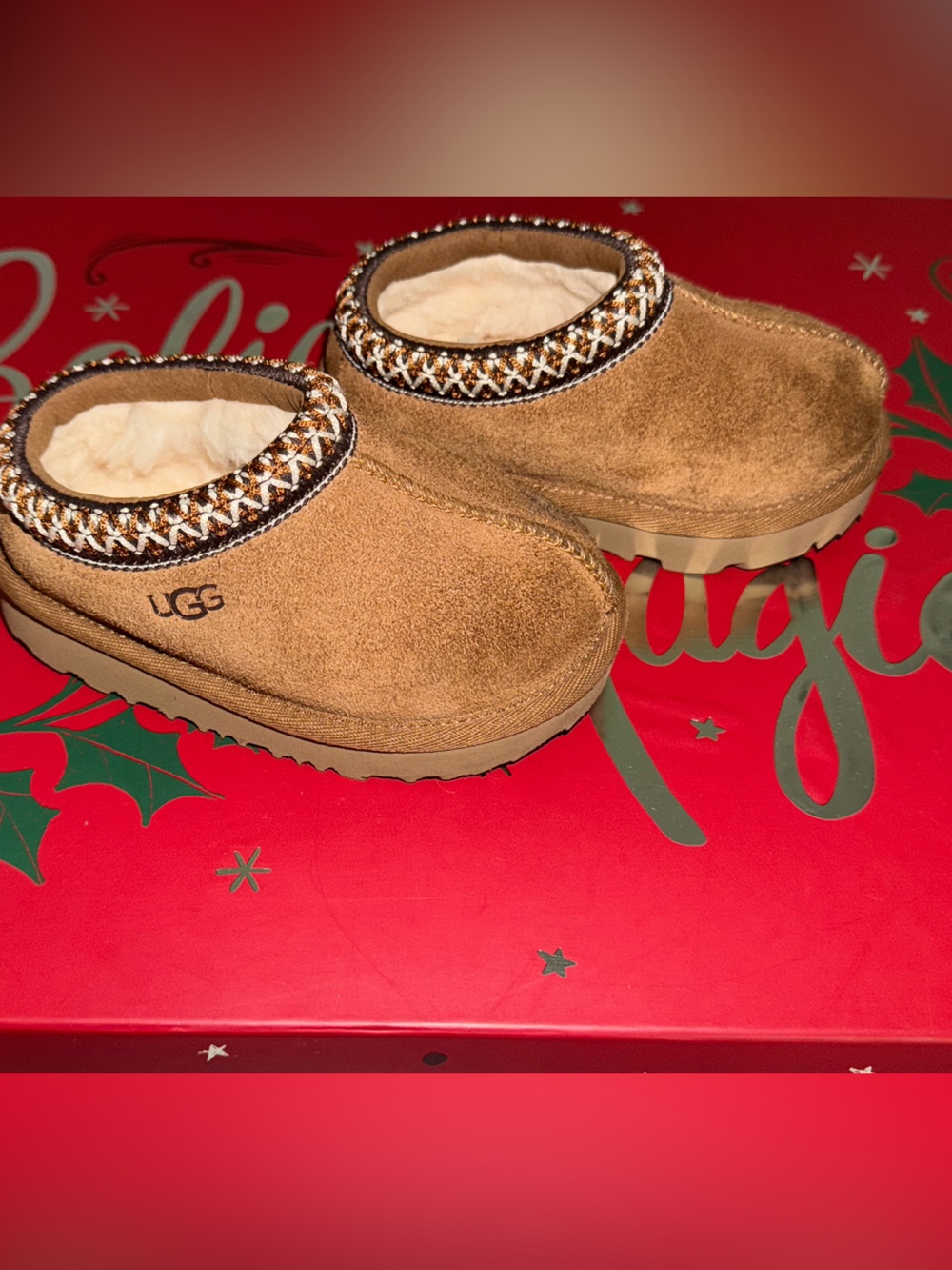 UGG Kids Chestnut Brown Suede Slip-On Boots with Shearling Trim